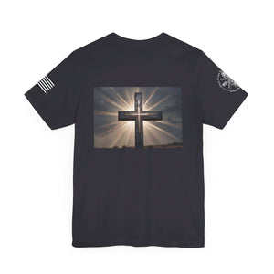 Cross Tshirt - Brilliant Energy burst centered by the Cross of Jesus Christ. Wear Your Faith